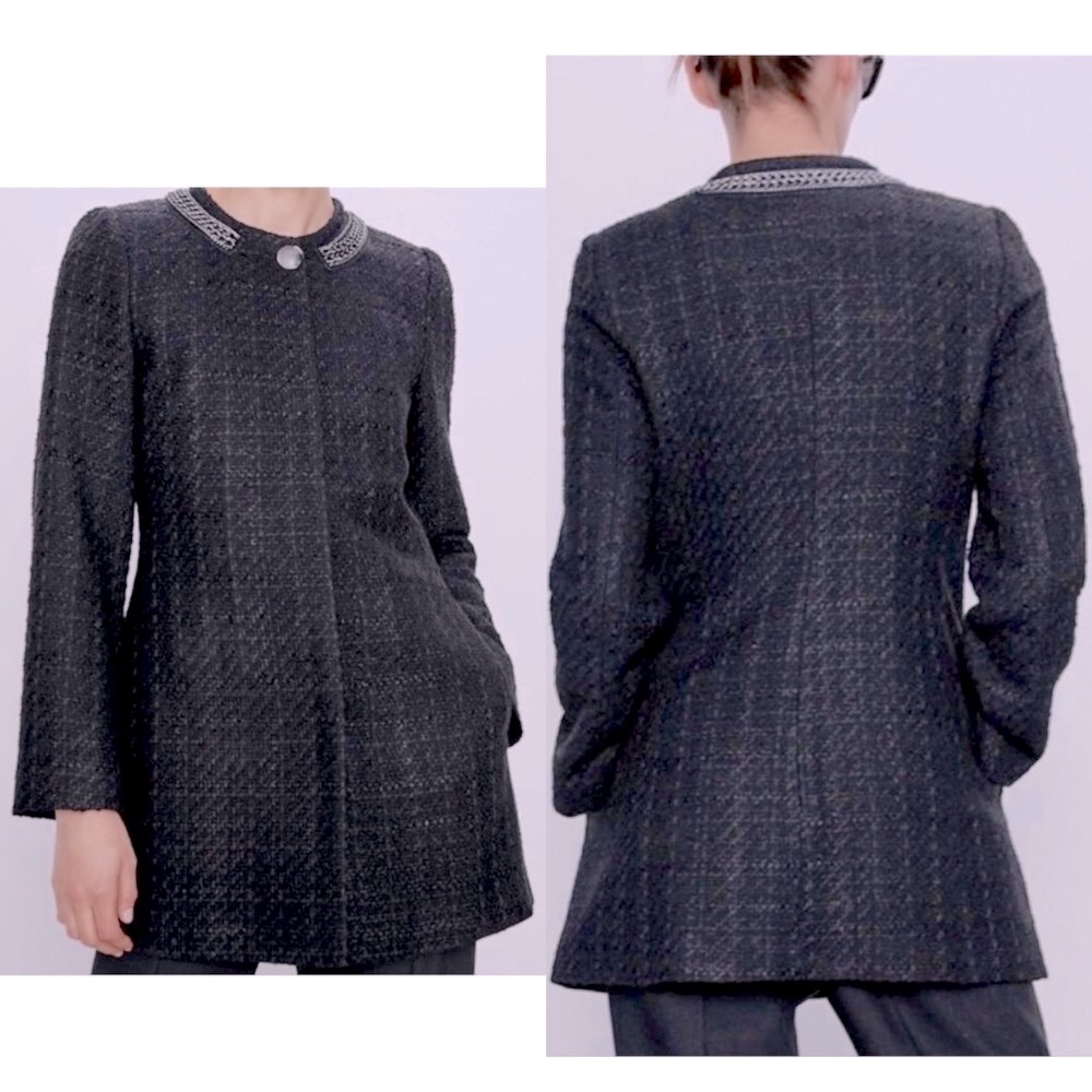 ZARA Black Tweed Front Coat Jacket w/ Chain Detail